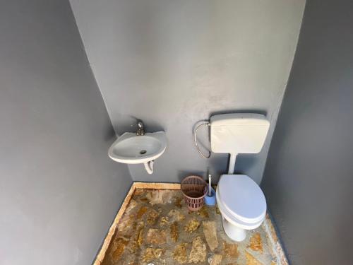 a small bathroom with a toilet and a sink at Vintage Mediterranean house in Himare
