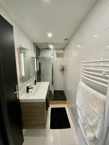 une salle de bain avec un lavabo et un miroir dans l'établissement Charmant T2 à proximité de la plage des Catalans, à Marseille