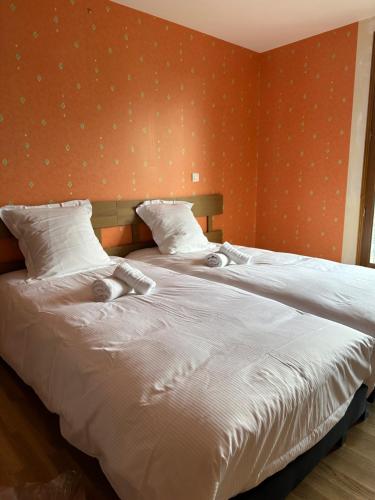 two beds in a bedroom with orange walls at Les Combes in Murat-le-Quaire