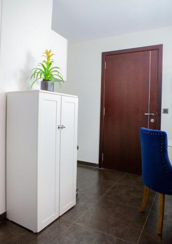 une plante au-dessus d'un meuble blanc dans une pièce dans l'établissement Studio Mignon proche de Paris et Disneyland, à Neuilly-sur-Marne