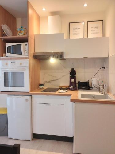 羅德茲的住宿－Appartement 35m2 proche musée Soulages，小厨房配有白色橱柜和水槽