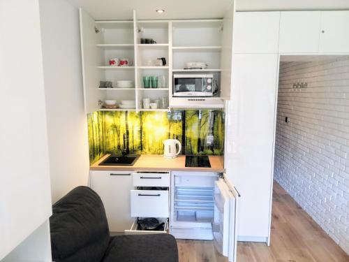a small kitchen with white cabinets and a microwave at Blue Mare Apartamenty U Tomka in Łukęcin