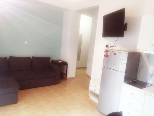 - un salon avec un canapé et un réfrigérateur dans l'établissement 3 room apartment by the beach - free parking, à Peraia
