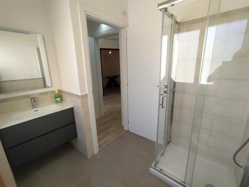 uma casa de banho com um chuveiro, um lavatório e um espelho. em Town Center Apartment em Cagliari