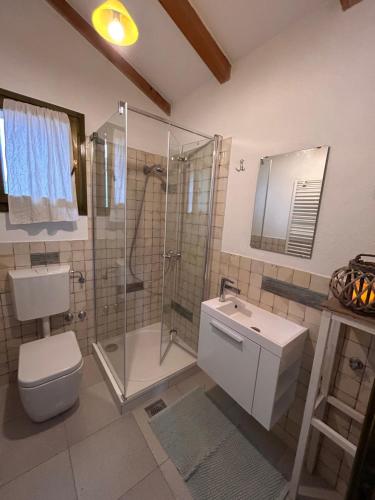 uma casa de banho com um chuveiro, um WC e um lavatório. em Gaya apartments em Sibenik