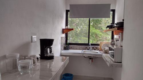 una cucina bianca con lavandino e finestra di Departamentos Santos a Valladolid
