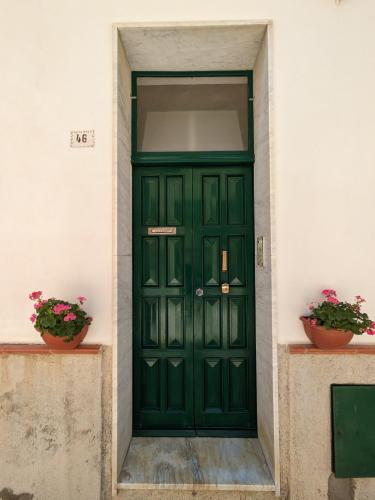 a green door in a white building with two plants at Casa Ficumora in Modica