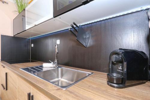 eine Küchentheke mit einer Spüle und einer Kaffeemaschine in der Unterkunft Zaton beach Appartement 3 modern und stilvoll eingerichtet in Strandnähe in Zaton