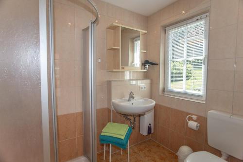 ein Bad mit einem Waschbecken und einer Dusche in der Unterkunft Ferienhaus Boddenhus in Middelhagen