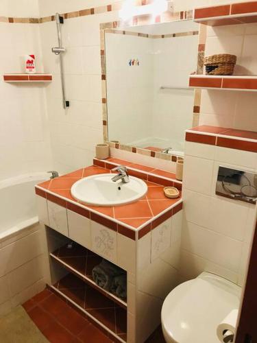 une salle de bain avec un lavabo et des toilettes dans l'établissement Maison Face aux Remparts, à Aigues-Mortes