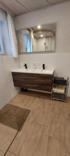 a bathroom with a sink and a mirror at Appartements Haus Bergland in Sankt Martin am Tennengebirge