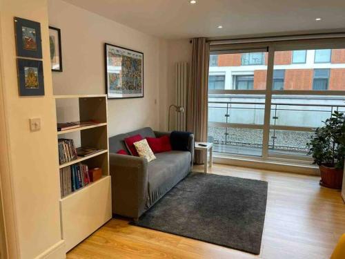 a living room with a couch and a book shelf at Central London apartment in London