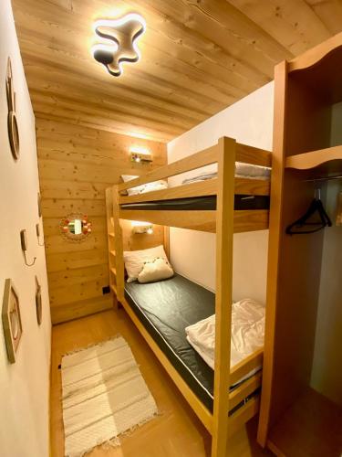 une chambre avec deux lits superposés dans une cabine dans l'établissement Appartement rénové 2 chambres vue pistes parking privatif, aux Orres