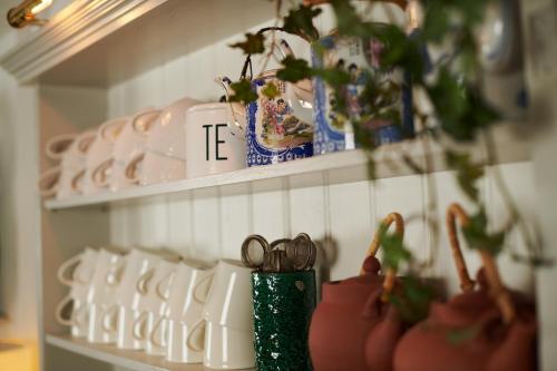 a row of plates and vases on a shelf with plants at Hotell Bäckagården in Ystad