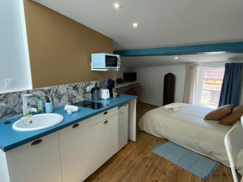 a bathroom with a sink and a bed in a room at LE CARNOT - Valence in Bourg-lès-Valence