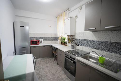 a kitchen with a sink and a stove at Alex 2 Apartament in Iaşi