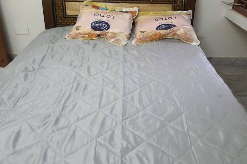un letto con due cuscini sopra di Newly renovated & furnished 2-Bedroom MVP colony a Visakhapatnam