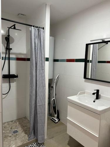 une salle de bain avec douche et lavabo dans l'établissement eco nature, gite à la ferme, à Vendays-Montalivet