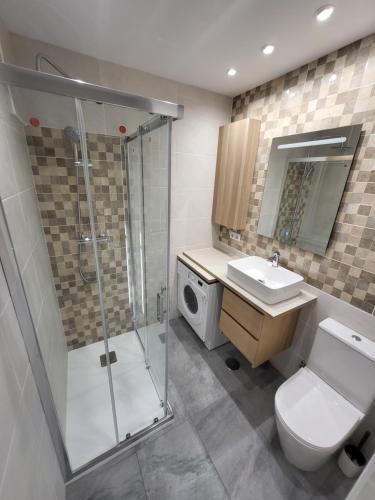 La salle de bains est pourvue d'une douche, de toilettes et d'un lavabo. dans l'établissement Apt Buenavista en Torremolinos increíbles vistas hacia Málaga 5min del centro y de la playa, à Torremolinos