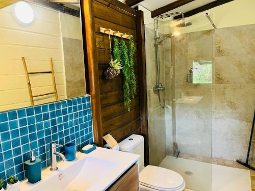a bathroom with a sink and a shower and a toilet at Bungalow avec vue dans lieu calme in Le Carbet