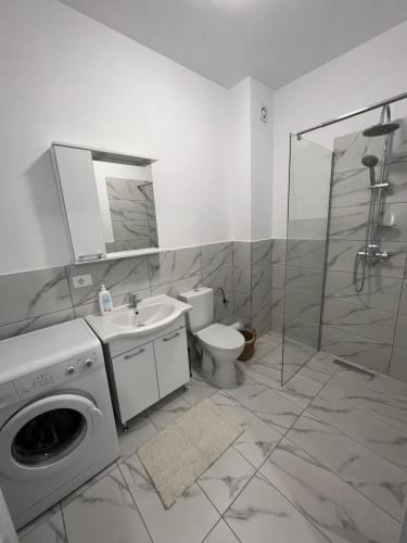 a bathroom with a washing machine and a toilet at Sunny Apartments Suceava 64 in Suceava