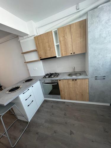 a small kitchen with a sink and a counter at Sunny Apartments Suceava 64 in Suceava