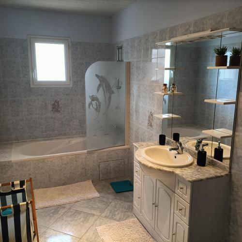 une salle de bain avec un lavabo, une baignoire et une douche dans l'établissement Villa coucou, à Florensac
