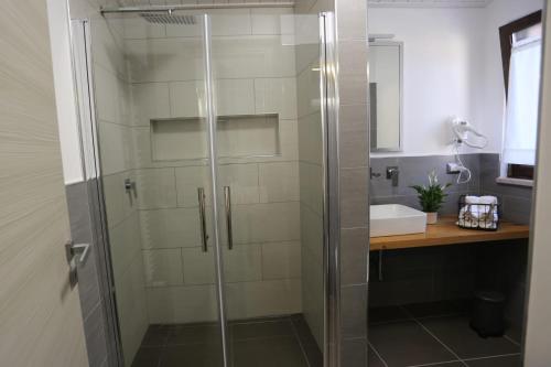 a glass shower in a bathroom with a sink at Alpaca Etna Rooms da Mariagiovanna in Linguaglossa