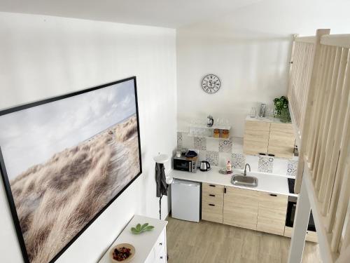 a kitchen with a large projection screen on the wall at Comfortable apartments under the St. Barbara´s Cathedral in Kutná Hora