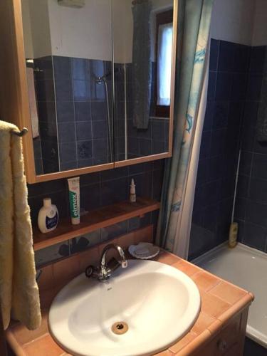 une salle de bain avec un lavabo blanc et une douche dans l'établissement Chamonix centre - 2 pièces 32 m2, à Chamonix-Mont-Blanc