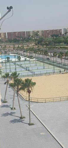 a beach with palm trees and a beach with buildings at Porto golf marina in El Alamein