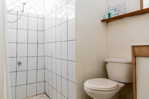 a white bathroom with a toilet and a shower at Bajo el Arbol B&B in Santa Teresa Beach