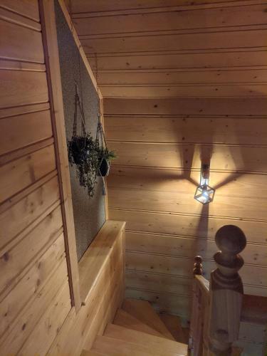 a wooden staircase in a wooden cabin with a light at Zacisze na Wzgórzu in Zawoja