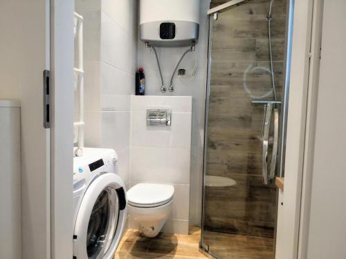 a bathroom with a toilet and a washing machine at Blue Mare Apartamenty U Tomka in Łukęcin