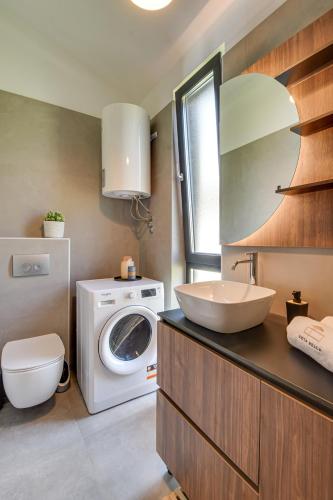 a bathroom with a washing machine and a sink at Villa Rota Bella in Sveti Lovreč Pazenatički