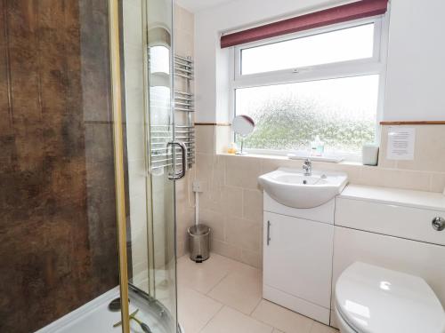 een badkamer met een douche, een toilet en een wastafel bij The Cottage in Great Driffield