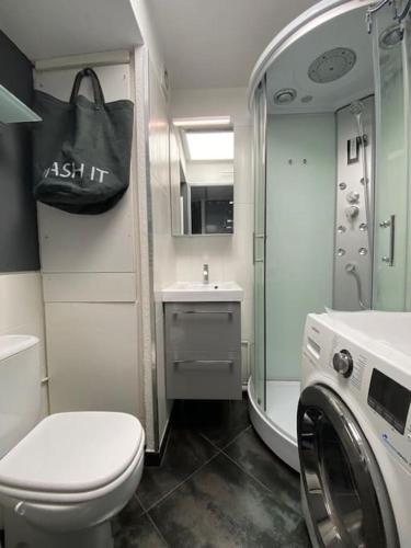 La salle de bains est pourvue de toilettes et d'un lave-linge. dans l'établissement Avoriaz - Tilia - Multipass Eté inclus 4-5 pers, à Avoriaz