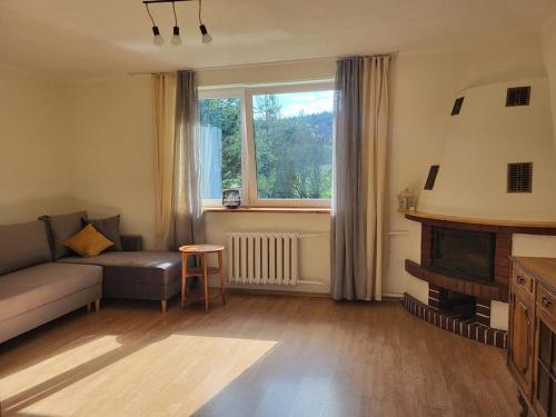a living room with a couch and a window at Na Dębowej- Apartament/dom 2 pokoje-prywatny las in Szczytna