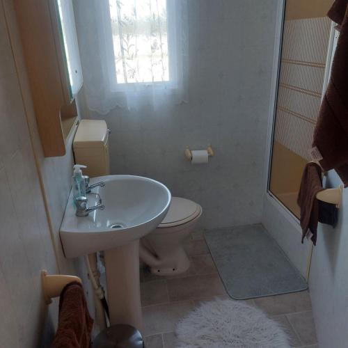 a bathroom with a sink and a toilet and a window at warden springs caravan park MS16 Thornhill road, Eastchurch,ME124HF in Sheerness