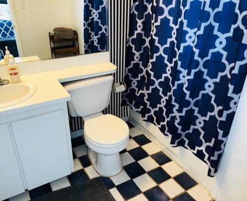 a bathroom with a toilet and a sink and a shower curtain at APARTMENT RIGHT ON THE BEACH! in Miami Beach