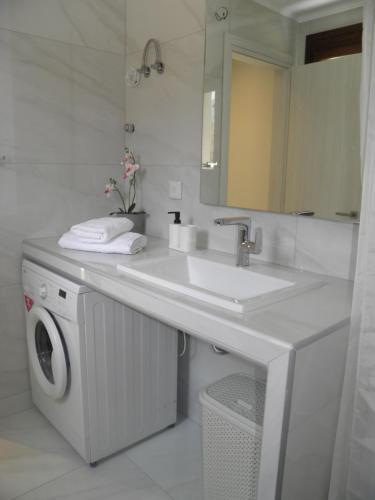 a bathroom with a sink and a washing machine at Anemolia Elegant Apartment in Karistos