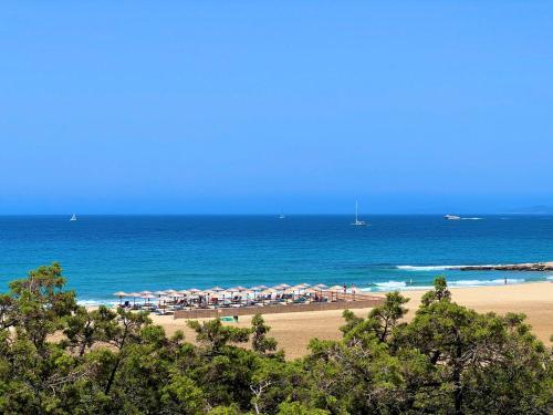 uma praia com um monte de guarda-sóis e o oceano em pirgaki seaside house em Naxos Chora