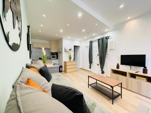 a living room with a couch and a tv at Gympie : joli studio cosy en centre-ville in Draguignan