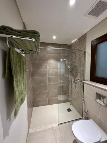 ein Bad mit Dusche und WC sowie einen TV in der Unterkunft Casa de Amor Sifa in As Sīfah