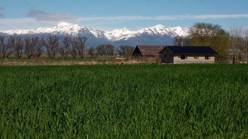 a house in a field with snowy mountains in the background at Tierra Caracol - Casa de Campo Ecológica in Trevelin