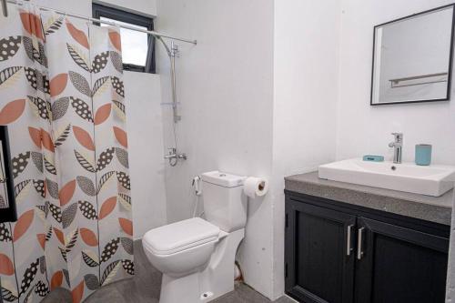 a bathroom with a toilet and a sink and a shower curtain at Lotus Lane Apartments in Grand-Baie