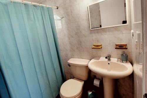 a bathroom with a toilet and a sink and a shower at Cabañas Las Flores - Barrio residencial La Herradura in Coquimbo