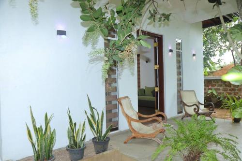 a patio with two chairs and potted plants at The Paddy in Kottawa