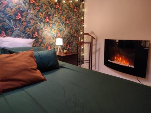 a living room with a couch and a fireplace at La Cabana Agréable logement avec Jacuzzi/Balnéo in Saint-Jean-dʼAngély