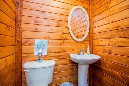 uma casa de banho com um lavatório, um WC e um espelho. em Roaring River Luxury Glamping #5 em Cassville